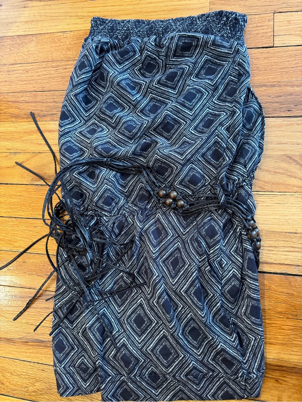 Navy Geometric romper with Beaded Drawstring